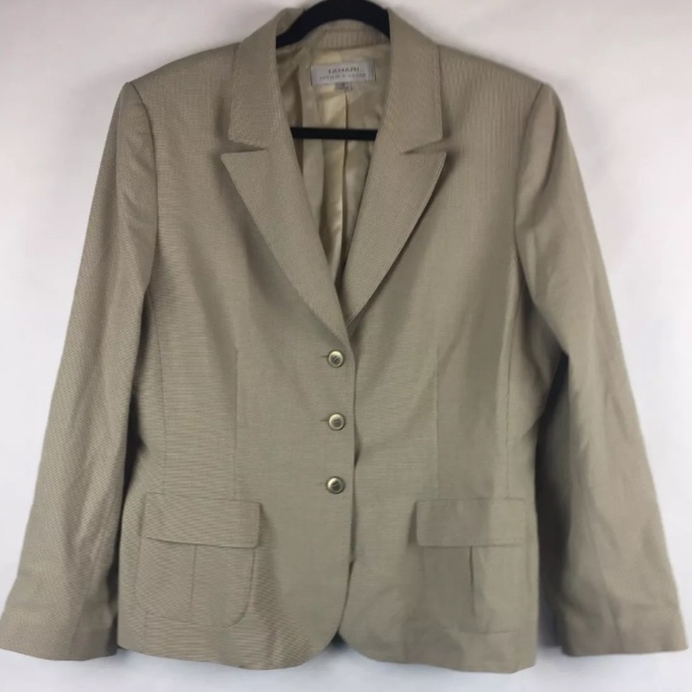 Tahari Arthur S. Levine Womens Tan Micro Houndstooth Blazer‎ Jacket Size 18